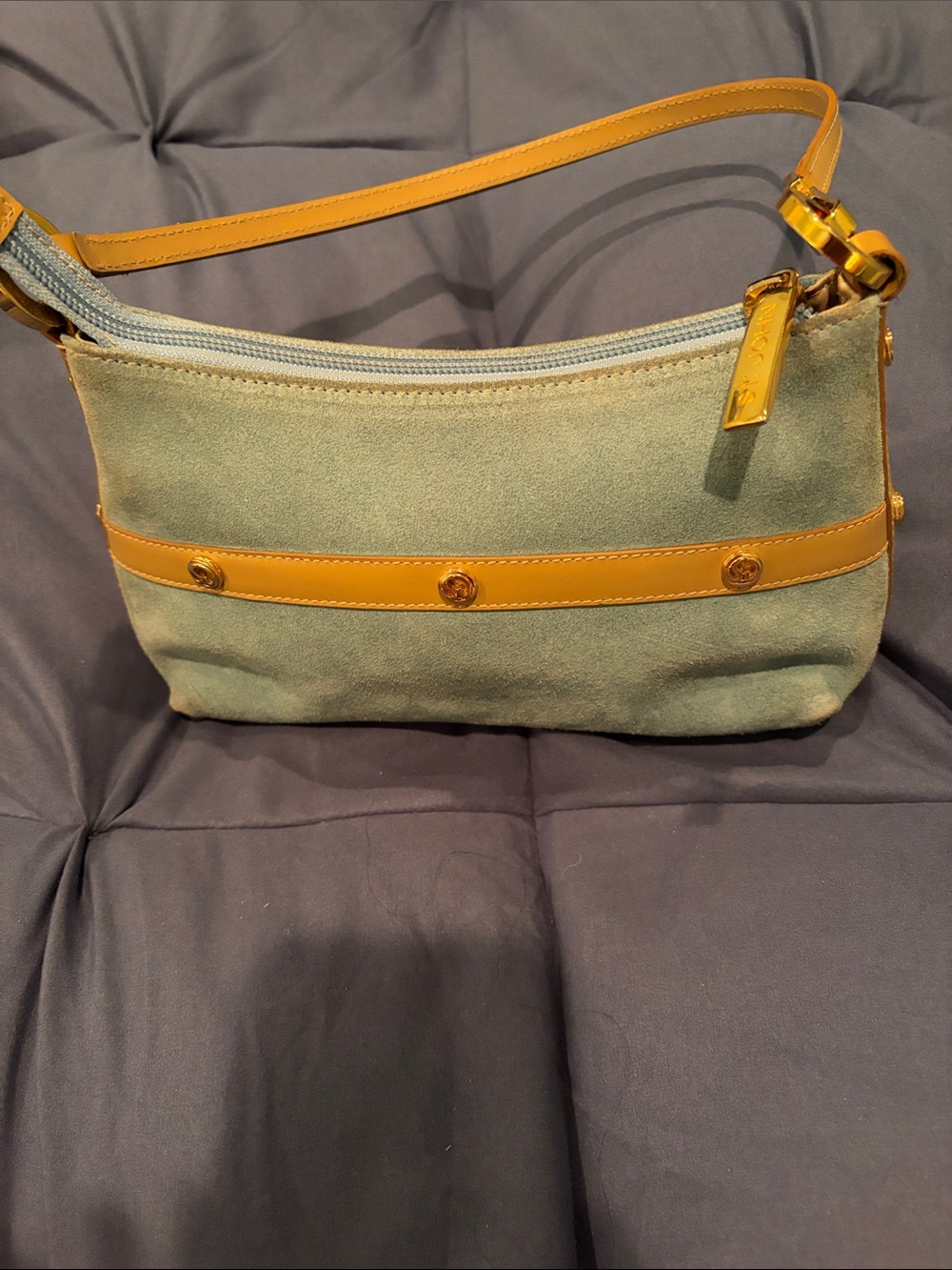 St. John Green Suede Shoulder Bag with Yellow Trim